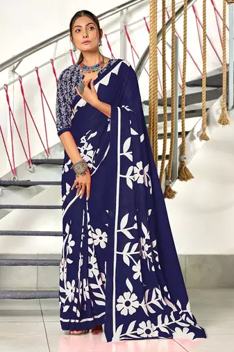 Hand block printed cotton mul saree with blouse