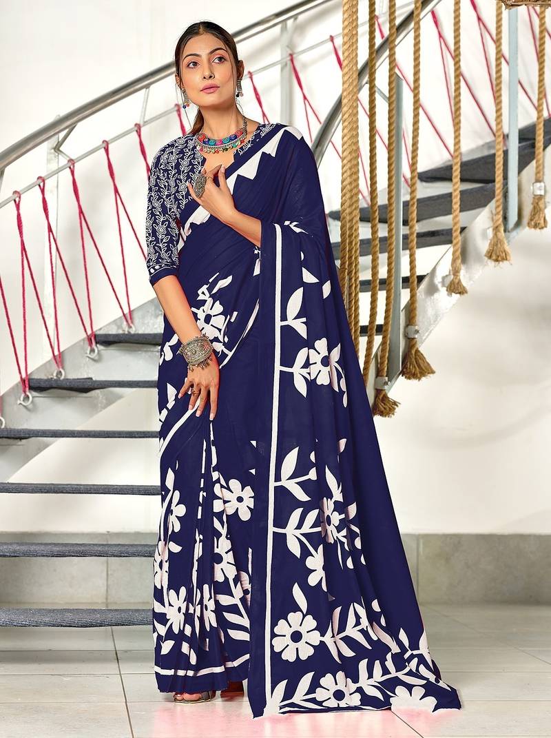 Hand block printed cotton mul saree with blouse