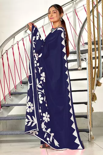 Hand block printed cotton mul saree with blouse