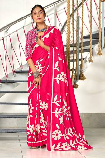 Hand block printed cotton mul saree with blouse