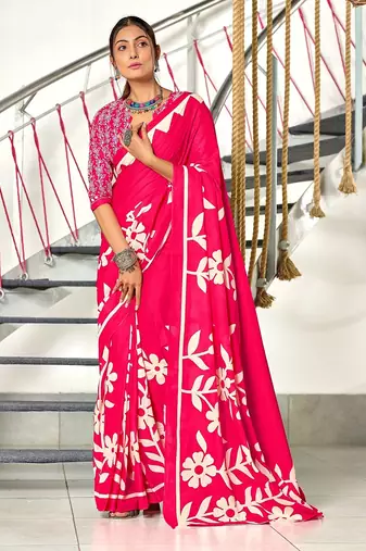 Hand block printed cotton mul saree with blouse