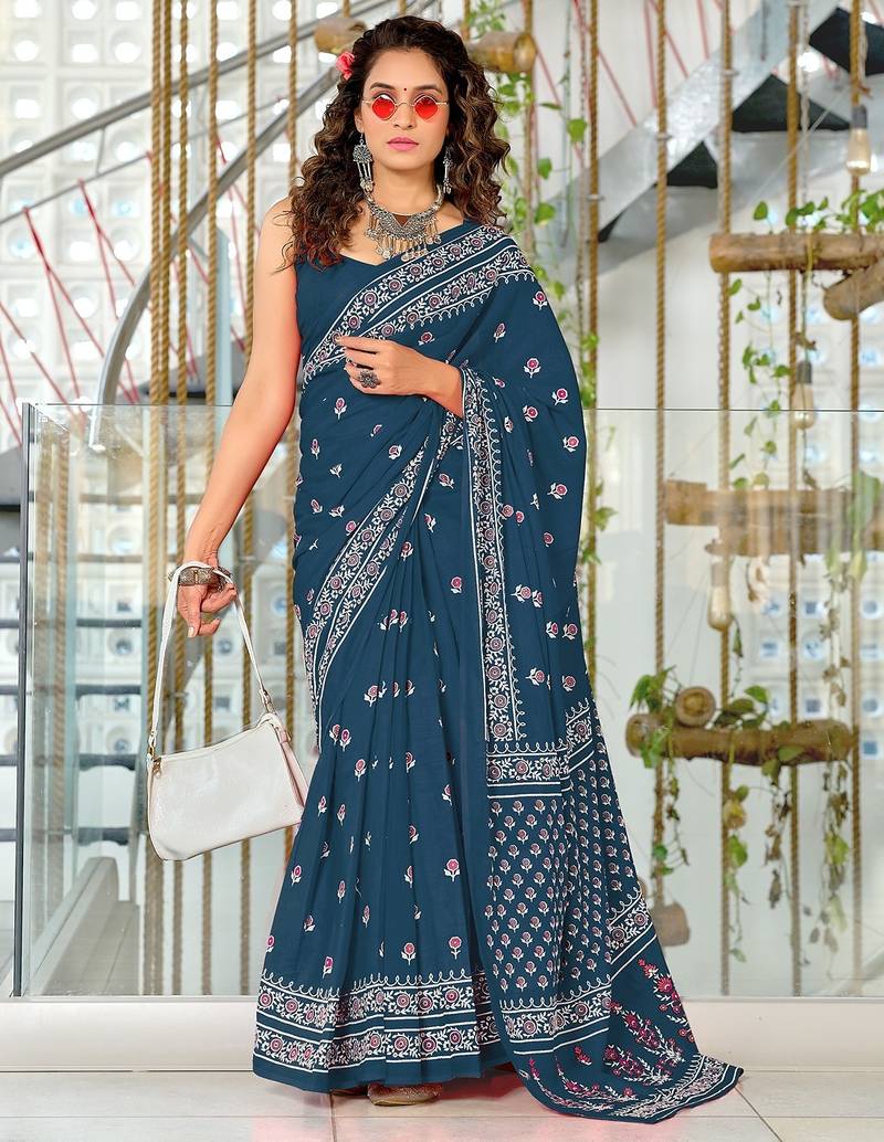 Hand block print mulmul cotton sarees