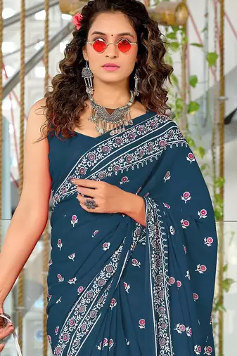 Hand block print mulmul cotton sarees