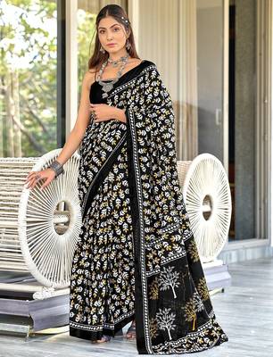 Hand block print mulmul cotton sarees 1