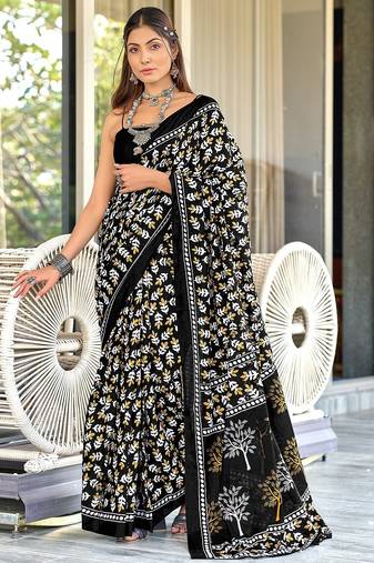 Hand block print mulmul cotton sarees