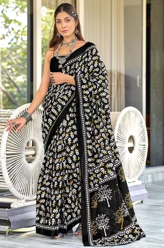 Hand block print mulmul cotton sarees