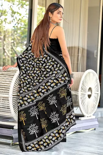 Hand block print mulmul cotton sarees