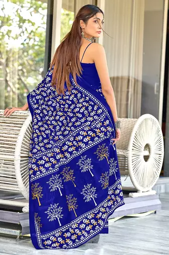 Hand block print mulmul cotton sarees