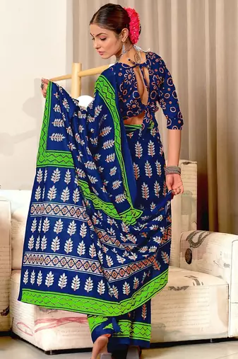 Hand block print mulmul cotton sarees