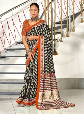 Hand block print mulmul cotton sarees 1