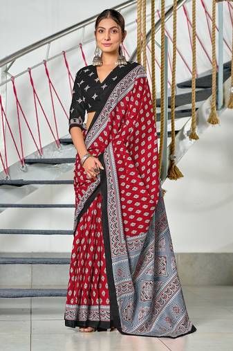Hand block print mulmul cotton sarees