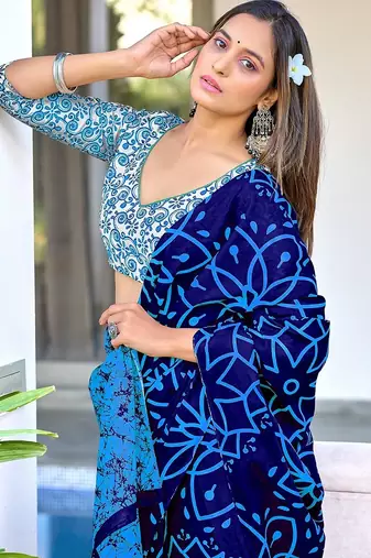 Hand block print mulmul cotton sarees