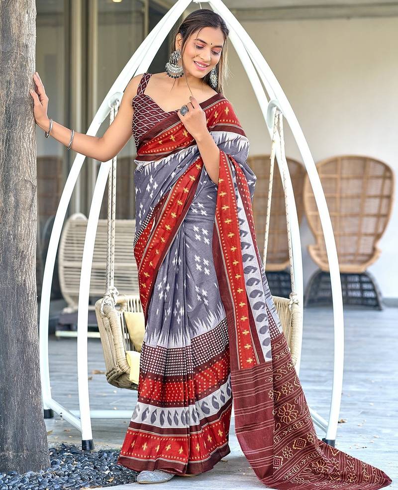 Ikkat printed mulmul cotton sarees