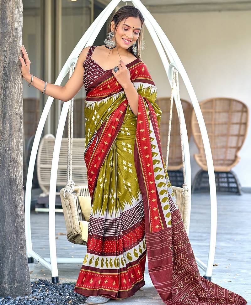 Ikkat printed mulmul cotton sarees