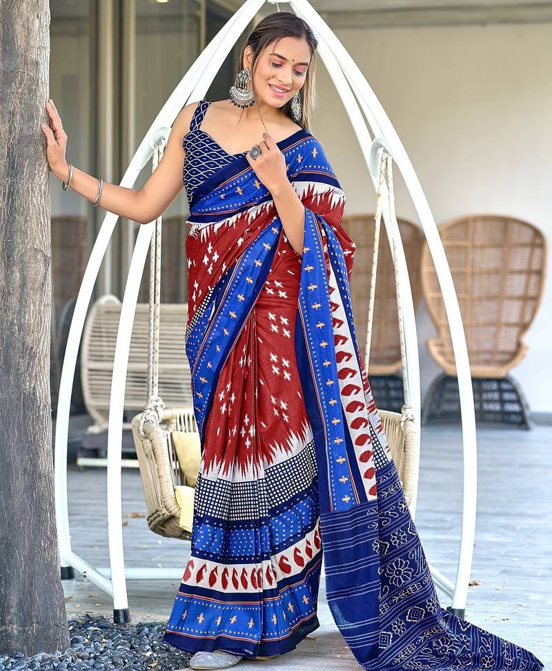 Ikkat printed mulmul cotton sarees