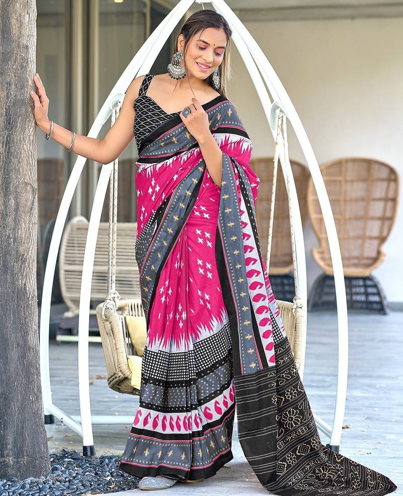 Ikkat printed mulmul cotton sarees