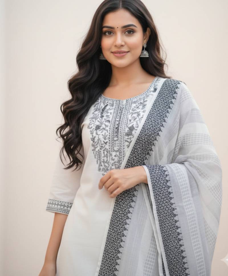 Premium khadi cotton fabric embroidery work kurta set with dupatta