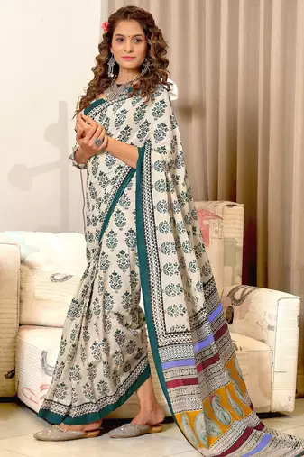 Hand block print mulmul cotton sarees