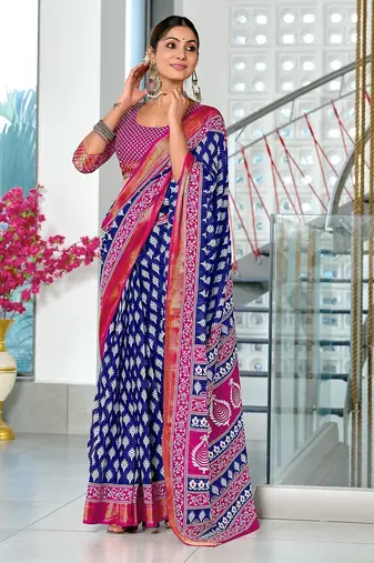 Hand block print with hevay zari bodar sarees
