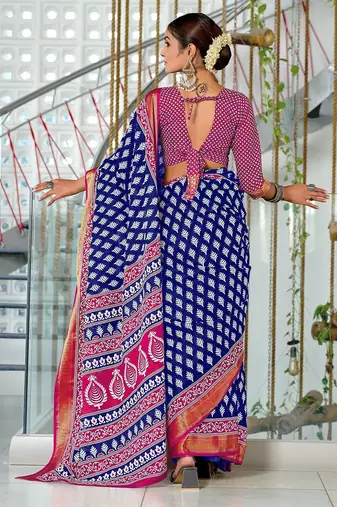 Hand block print with hevay zari bodar sarees
