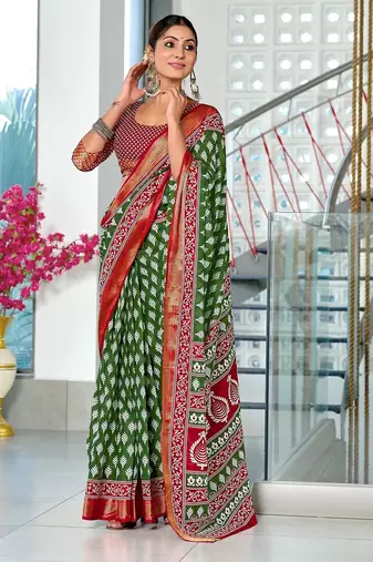 Hand block print with hevay zari bodar sarees