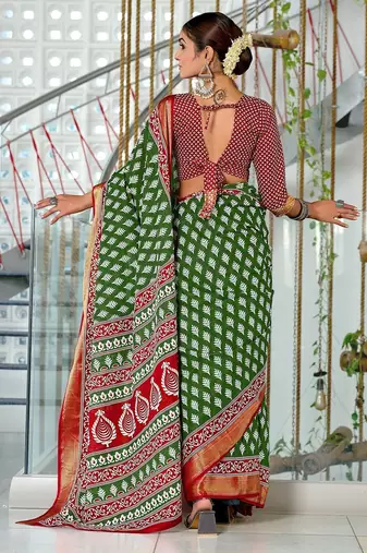 Hand block print with hevay zari bodar sarees