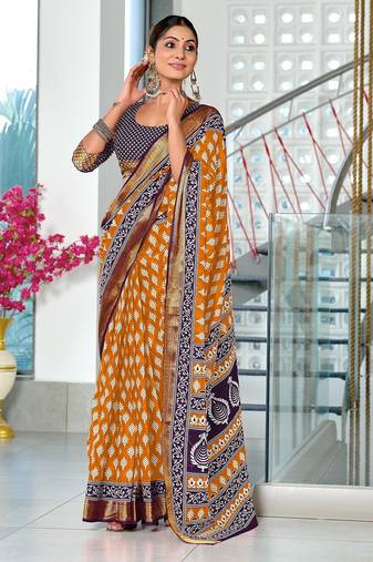 Hand block print with hevay zari bodar sarees