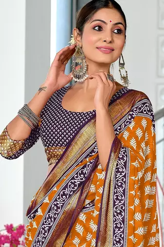 Hand block print with hevay zari bodar sarees