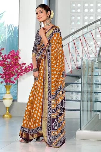 Hand block print with hevay zari bodar sarees