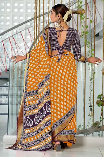 Hand block print with hevay zari bodar sarees