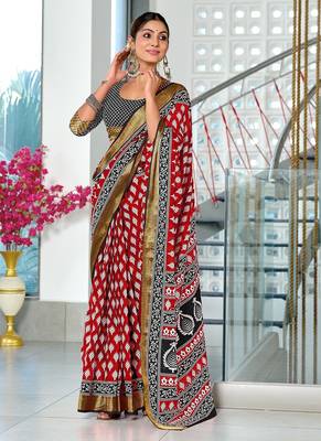 Hand block print with hevay zari bodar sarees 1