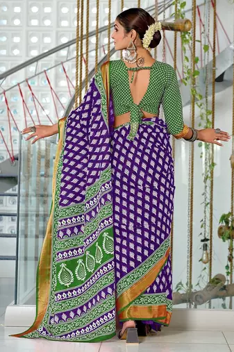 Hand block print with hevay zari bodar sarees