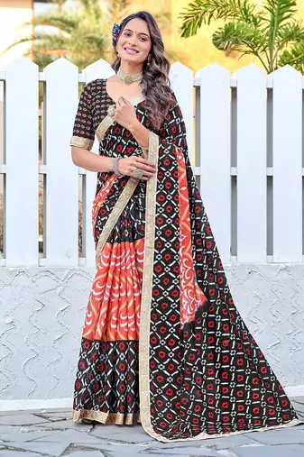 Ikkat print sarees with heavy embroidery less bodar
