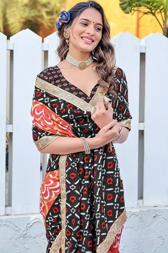 Ikkat print sarees with heavy embroidery less bodar