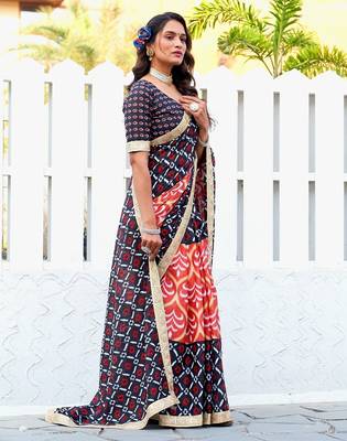 Ikkat print sarees with heavy embroidery less bodar 3