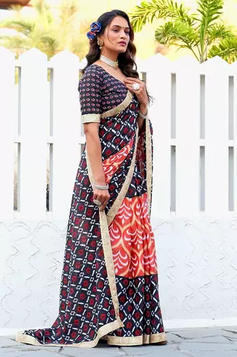 Ikkat print sarees with heavy embroidery less bodar