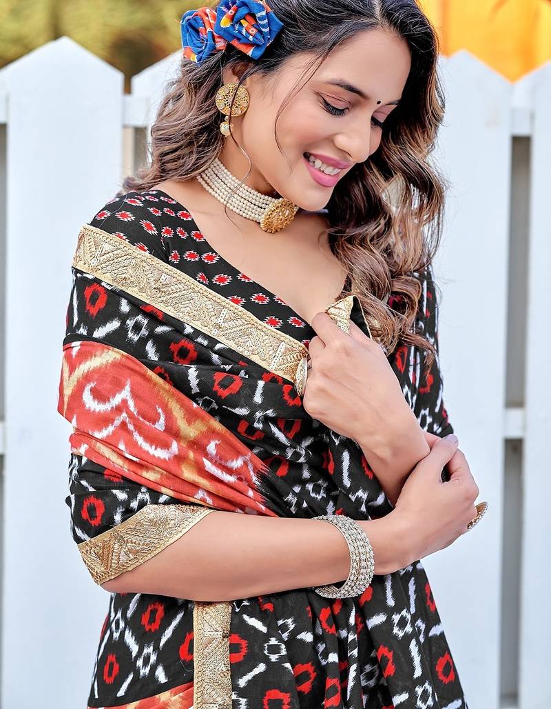 Ikkat print sarees with heavy embroidery less bodar
