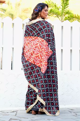 Ikkat print sarees with heavy embroidery less bodar