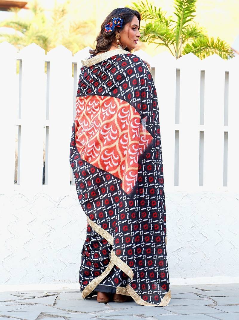 Ikkat print sarees with heavy embroidery less bodar