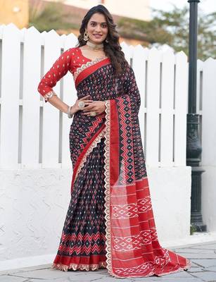 Ikkat print sarees with heavy embroidery less bodar 1