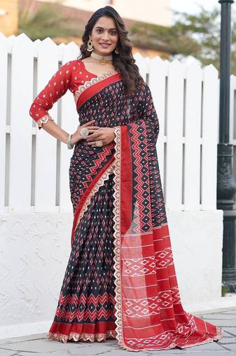 Ikkat print sarees with heavy embroidery less bodar