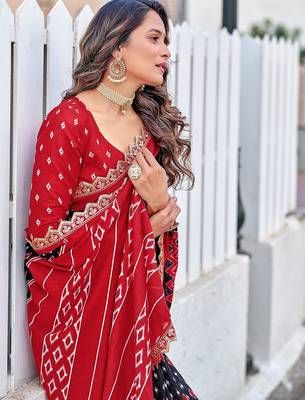 Ikkat print sarees with heavy embroidery less bodar 2