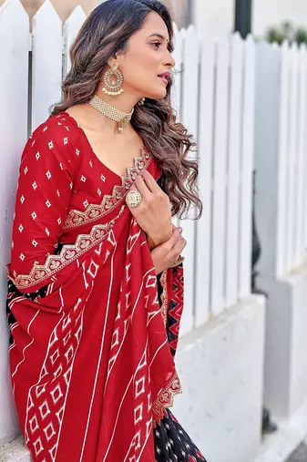 Ikkat print sarees with heavy embroidery less bodar
