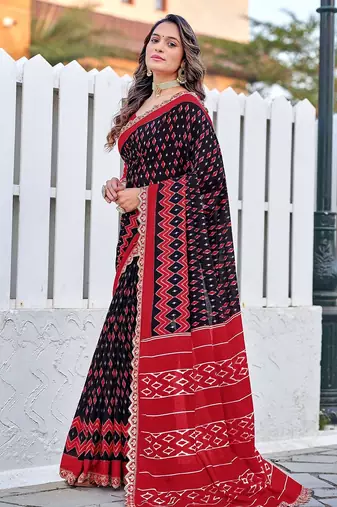 Ikkat print sarees with heavy embroidery less bodar