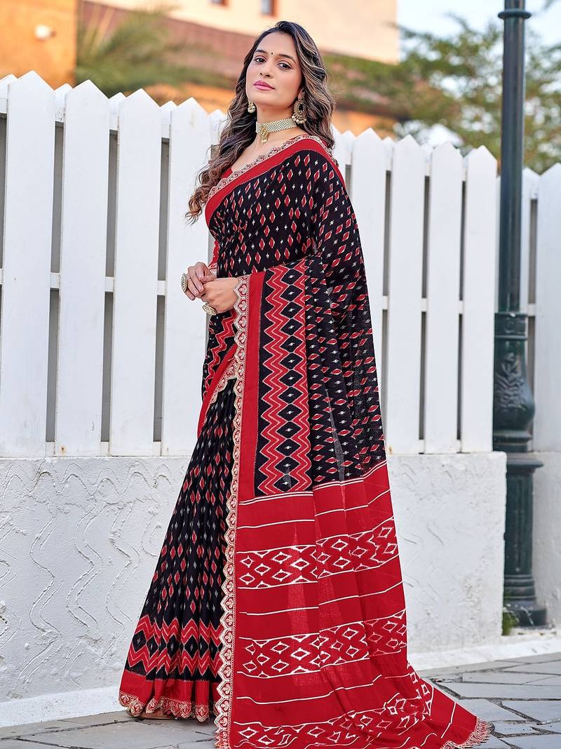Ikkat print sarees with heavy embroidery less bodar