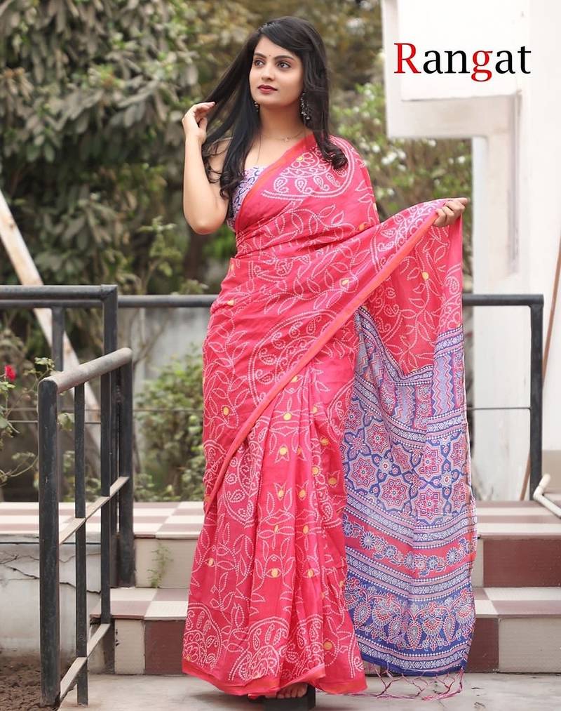 Pure cotton bandhani and ajrak block print sarees