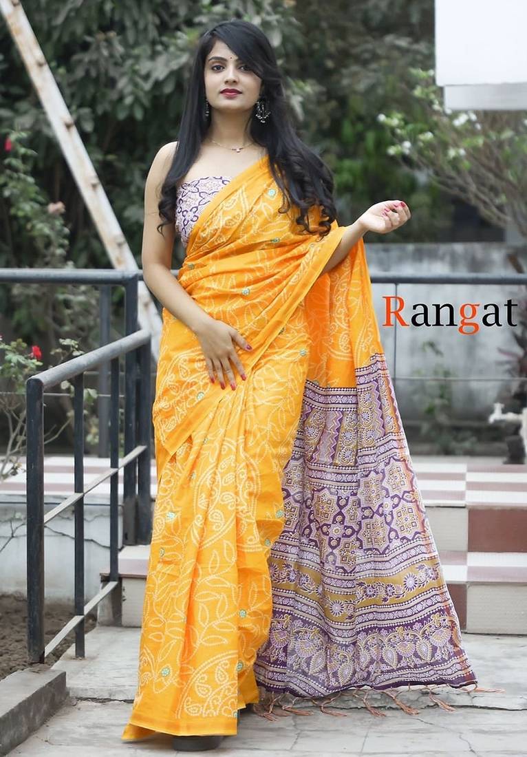 Pure cotton bandhani and ajrak block print sarees