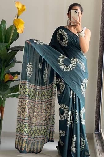 Buti hand block print with hevay zari bodar sarees
