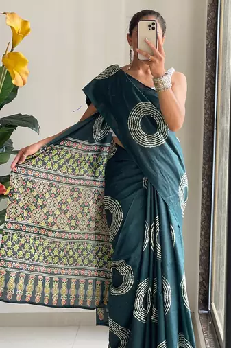 Buti hand block print with hevay zari bodar sarees
