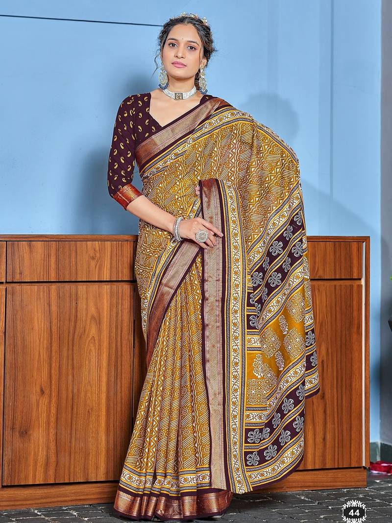 Buti hand block print with hevay zari bodar sarees